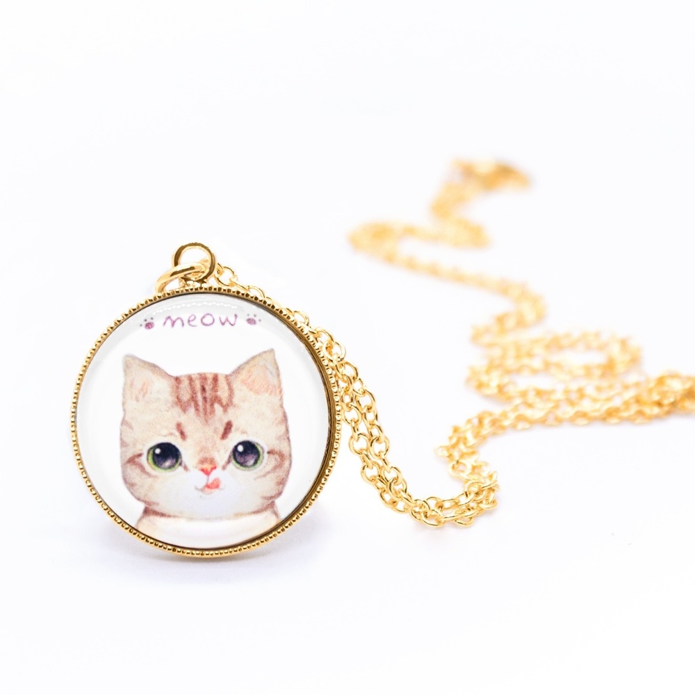 Handmade Cat Picture Gold Dainty Chain Necklace
